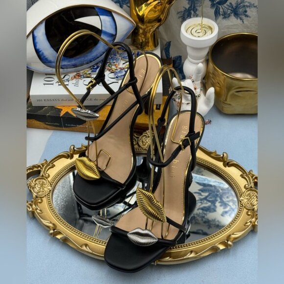 🆕 GIANNI BINI 🧿 NWOB Carletta Lip Ornamented Sandals, Black Leather, Sz 8 - Picture 10 of 14